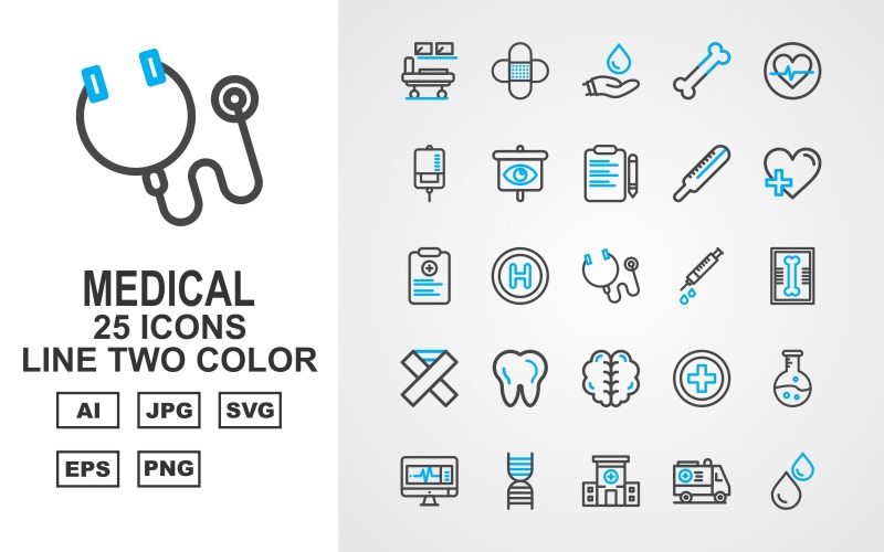 Download Набор иконок "25 Premium Medical Line Two Color Icon Set" / 25 Premium Medical Line Two Color Icon Set - Набор иконок на тему medical hospital bed,add,test tube,lcd,dna,ambulance,blood,hospital,kit,bone,heart,drip,eye,document,thermometer,report,stethoscope,injection,x ray,teeth