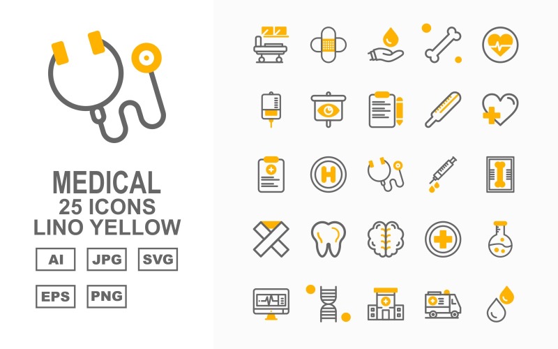 Download Набор иконок "25 Premium Medical Lino Yellow Icon Set" / 25 Premium Medical Lino Yellow Icon Set - Набор иконок на тему medical hospital bed,add,test tube,lcd,dna,ambulance,blood,hospital,kit,bone,heart,drip,eye,document,thermometer,report,stethoscope,injection,x ray,teeth