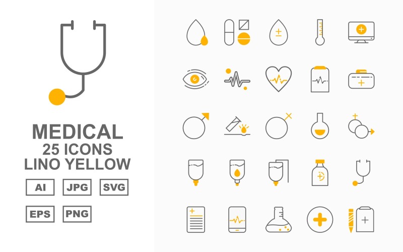Download Набор иконок "25 Premium Medical Lino Yellow Icon Set" / 25 Premium Medical Lino Yellow Icon Set - Набор иконок на тему medical drop,flask,add,clipboard,stetoscop,bandage,heart,tablet,thermometer,lcd,eye,beat,heartbeat,briefcase,gender,bottle,bed,report,online,icon