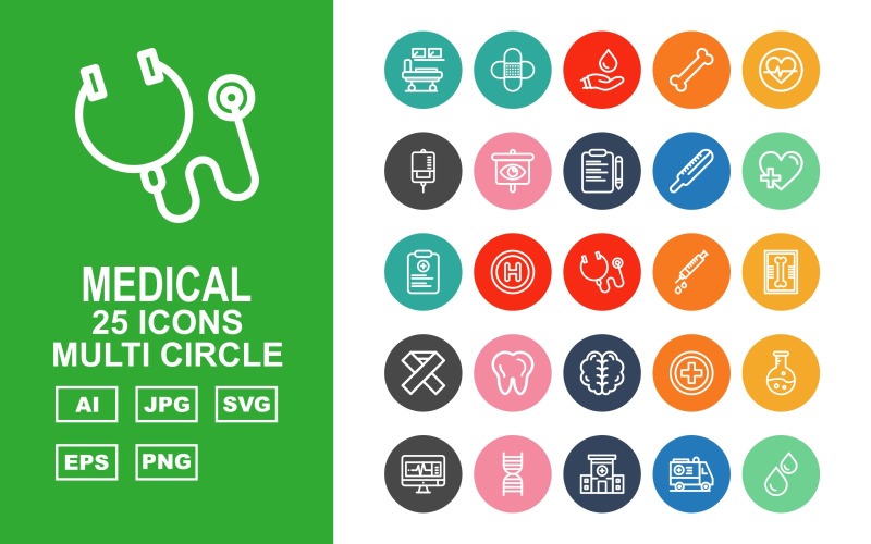 Download Набор иконок "25 Premium Medical Multi Circle Icon Set" / 25 Premium Medical Multi Circle Icon Set - Набор иконок на тему medical hospital bed,add,test tube,lcd,dna,ambulance,blood,hospital,kit,bone,heart,drip,eye,document,thermometer,report,stethoscope,injection,x ray,teeth