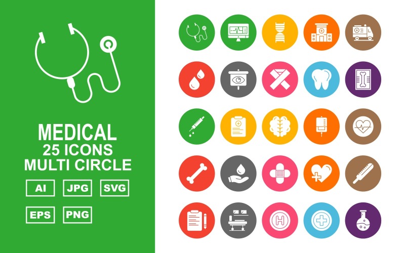 Download Набор иконок "25 Premium Medical Multi Circle Icon Set" / 25 Premium Medical Multi Circle Icon Set - Набор иконок на тему medical hospital bed,add,test tube,lcd,dna,ambulance,blood,hospital,kit,bone,heart,drip,eye,document,thermometer,report,stethoscope,injection,x ray,teeth