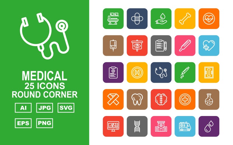 Download Набор иконок "25 Premium Medical Round Corner Icon Set" / 25 Premium Medical Round Corner Icon Set - Набор иконок на тему medical hospital bed,add,test tube,lcd,dna,ambulance,blood,hospital,kit,bone,heart,drip,eye,document,thermometer,report,stethoscope,injection,x ray,teeth