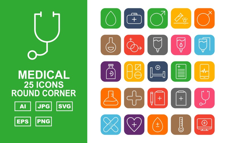 Download Набор иконок "25 Premium Medical Round Corner Icon Set" / 25 Premium Medical Round Corner Icon Set - Набор иконок на тему medical drop,flask,add,clipboard,stetoscop,bandage,heart,tablet,thermometer,lcd,eye,beat,heartbeat,briefcase,gender,bottle,bed,report,online,icon