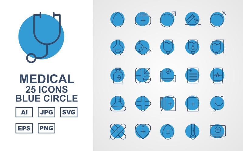 25 premium medische blauwe cirkel pictogramserie