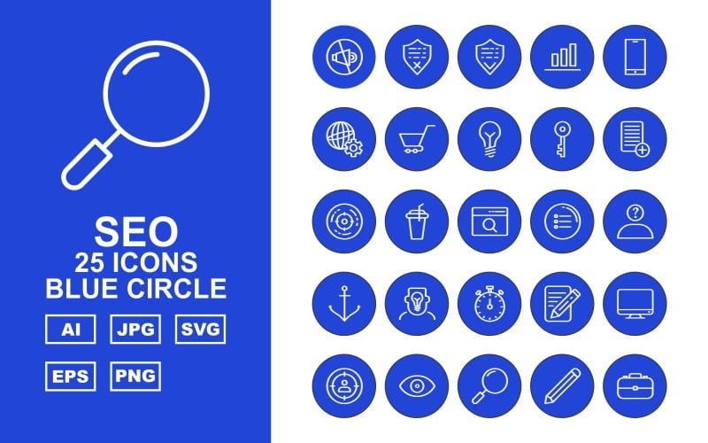 Download Набор иконок "25 Premium SEO Blue Circle Icon Set" / 25 Premium SEO Blue Circle Icon Set - Набор иконок на тему business mute,drink,search,setting,mail,server,tag,protect,shield,graph,mobile,browser,trolley,bulb,key,document,goal,menu,thinking,anchor
