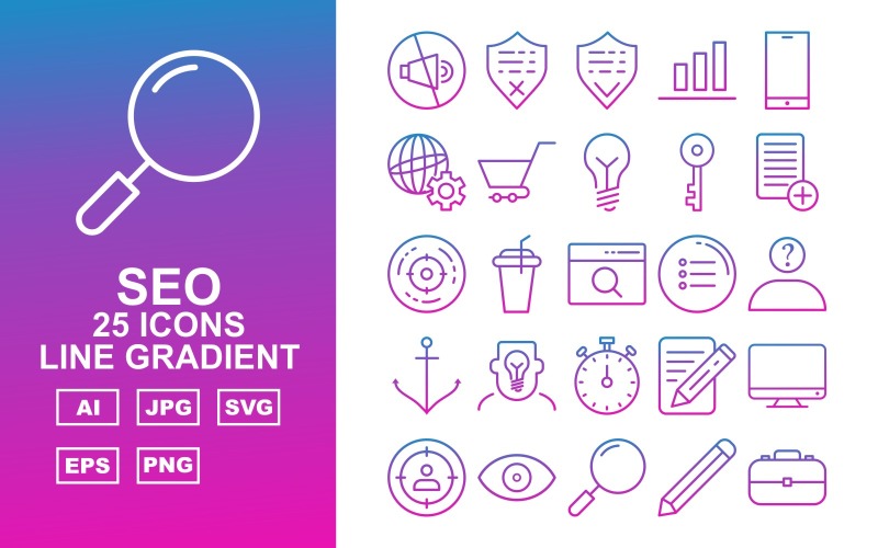 Download Набор иконок "25 Premium SEO Blue Line Gradient Pack Icon Set" / 25 Premium SEO Blue Line Gradient Pack Icon Set - Набор иконок на тему business mute,drink,search,setting,mail,server,tag,protect,shield,graph,mobile,browser,trolley,bulb,key,document,goal,menu,thinking,anchor