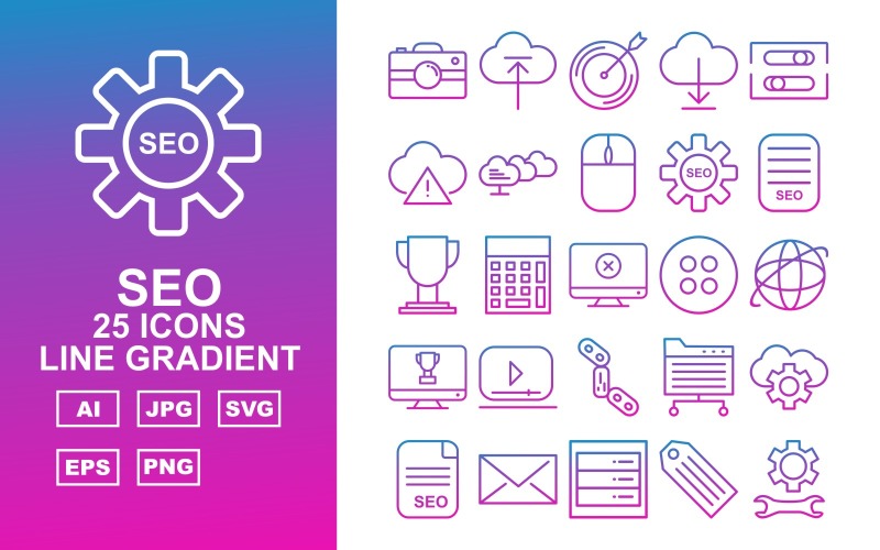 Download Набор иконок "25 Premium SEO Blue Line Gradient Pack Icon Set" / 25 Premium SEO Blue Line Gradient Pack Icon Set - Набор иконок на тему business mute,drink,search,setting,mail,server,tag,protect,shield,graph,mobile,browser,trolley,bulb,key,document,goal,menu,thinking,anchor
