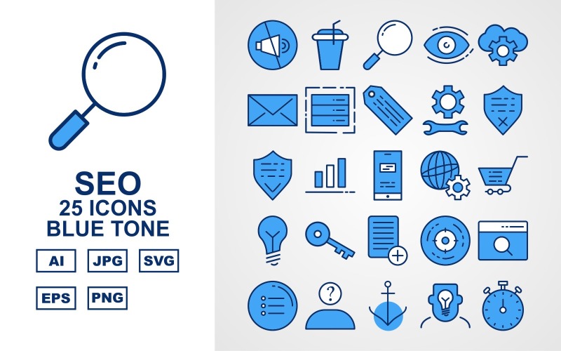 Download Набор иконок "25 Premium SEO Blue Tone Icon Set" / 25 Premium SEO Blue Tone Icon Set - Набор иконок на тему business mute,drink,search,setting,mail,server,tag,protect,shield,graph,mobile,browser,trolley,bulb,key,document,goal,menu,thinking,anchor