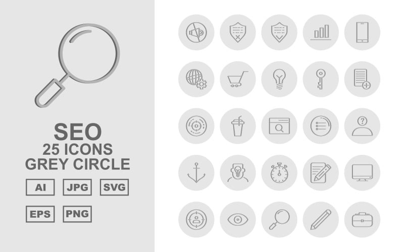 Download Набор иконок "25 Premium SEO Grey Circle Icon Set" / 25 Premium SEO Grey Circle Icon Set - Набор иконок на тему business mute,drink,search,setting,mail,server,tag,protect,shield,graph,mobile,browser,trolley,bulb,key,document,goal,menu,thinking,anchor