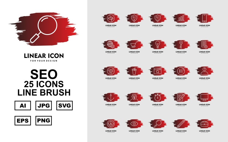 Download Набор иконок "25 Premium SEO Line Brush Icon Set" / 25 Premium SEO Line Brush Icon Set - Набор иконок на тему business mute,drink,search,setting,mail,server,tag,protect,shield,graph,mobile,browser,trolley,bulb,key,document,goal,menu,thinking,anchor
