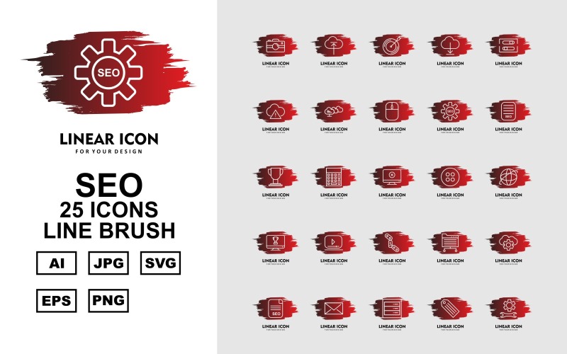 Download Набор иконок "25 Premium SEO Line Brush Icon Set" / 25 Premium SEO Line Brush Icon Set - Набор иконок на тему business mute,drink,search,setting,mail,server,tag,protect,shield,graph,mobile,browser,trolley,bulb,key,document,goal,menu,thinking,anchor