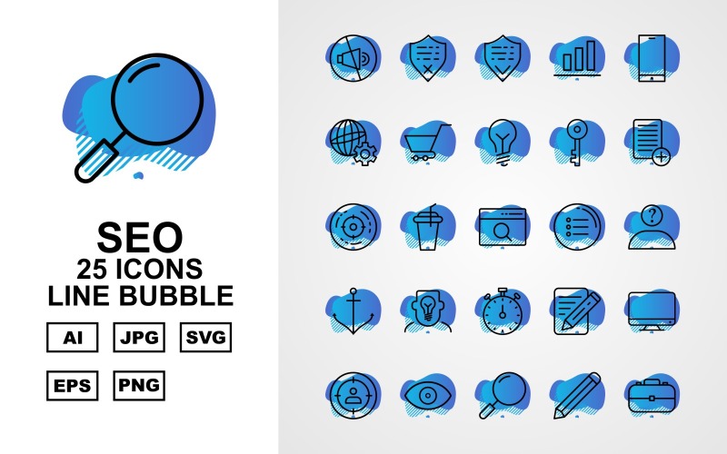 Download Набор иконок "25 Premium SEO Line Bubble Icon Set" / 25 Premium SEO Line Bubble Icon Set - Набор иконок на тему business mute,drink,search,setting,mail,server,tag,protect,shield,graph,mobile,browser,trolley,bulb,key,document,goal,menu,thinking,anchor