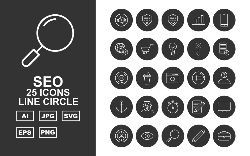 Download Набор иконок "25 Premium SEO Line Circle Pack Icon Set" / 25 Premium SEO Line Circle Pack Icon Set - Набор иконок на тему business mute,drink,search,setting,mail,server,tag,protect,shield,graph,mobile,browser,trolley,bulb,key,document,goal,menu,thinking,anchor