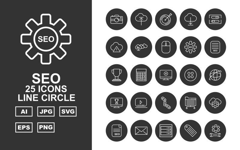 Download Набор иконок "25 Premium SEO Line Circle Pack Icon Set" / 25 Premium SEO Line Circle Pack Icon Set - Набор иконок на тему business mute,drink,search,setting,mail,server,tag,protect,shield,graph,mobile,browser,trolley,bulb,key,document,goal,menu,thinking,anchor