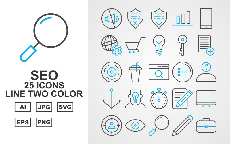 Download Набор иконок "25 Premium SEO Line Two Color Icon Set" / 25 Premium SEO Line Two Color Icon Set - Набор иконок на тему business mute,drink,search,setting,mail,server,tag,protect,shield,graph,mobile,browser,trolley,bulb,key,document,goal,menu,thinking,anchor