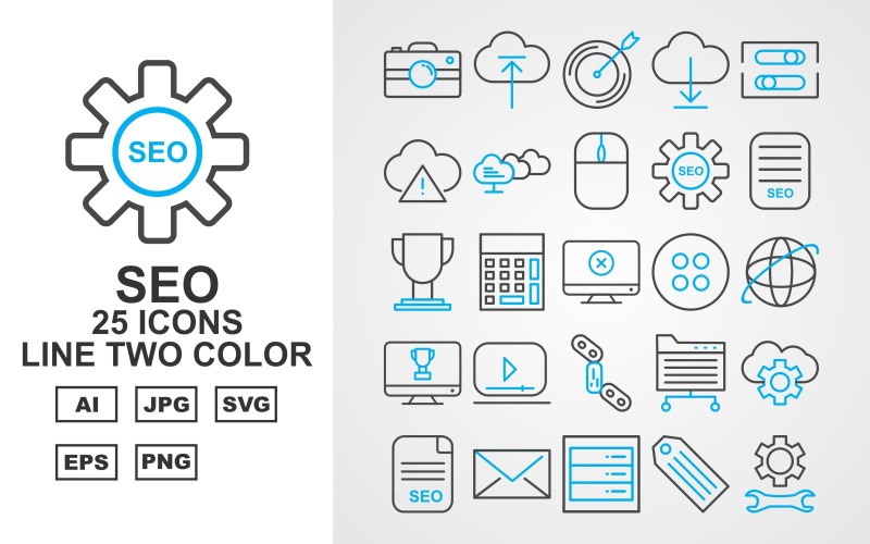 Download Набор иконок "25 Premium SEO Line Two Color Icon Set" / 25 Premium SEO Line Two Color Icon Set - Набор иконок на тему business mute,drink,search,setting,mail,server,tag,protect,shield,graph,mobile,browser,trolley,bulb,key,document,goal,menu,thinking,anchor