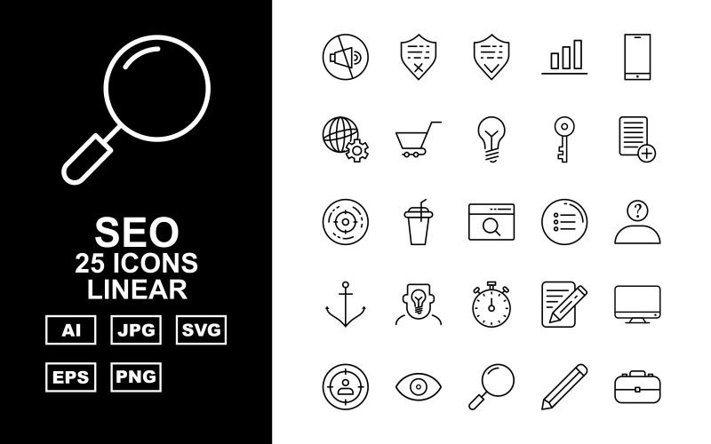 Download Набор иконок "25 Premium SEO Linear Icon Set" / 25 Premium SEO Linear Icon Set - Набор иконок на тему business mute,drink,search,setting,mail,server,tag,protect,shield,graph,mobile,browser,trolley,bulb,key,document,goal,menu,thinking,anchor