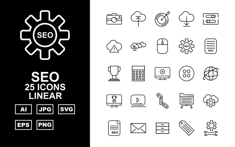 Download Набор иконок "25 Premium SEO Linear Icon Set" / 25 Premium SEO Linear Icon Set - Набор иконок на тему business mute,drink,search,setting,mail,server,tag,protect,shield,graph,mobile,browser,trolley,bulb,key,document,goal,menu,thinking,anchor