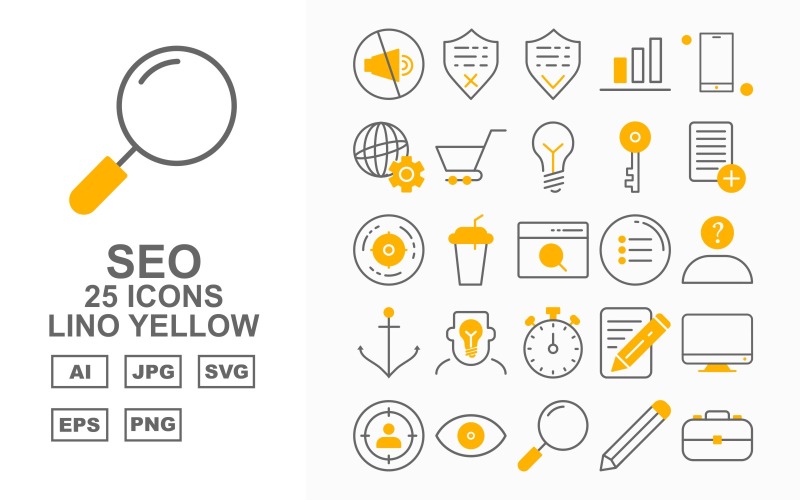 Download Набор иконок "25 Premium SEO Lino Yellow Icon Set" / 25 Premium SEO Lino Yellow Icon Set - Набор иконок на тему business mute,drink,search,setting,mail,server,tag,protect,shield,graph,mobile,browser,trolley,bulb,key,document,goal,menu,thinking,anchor