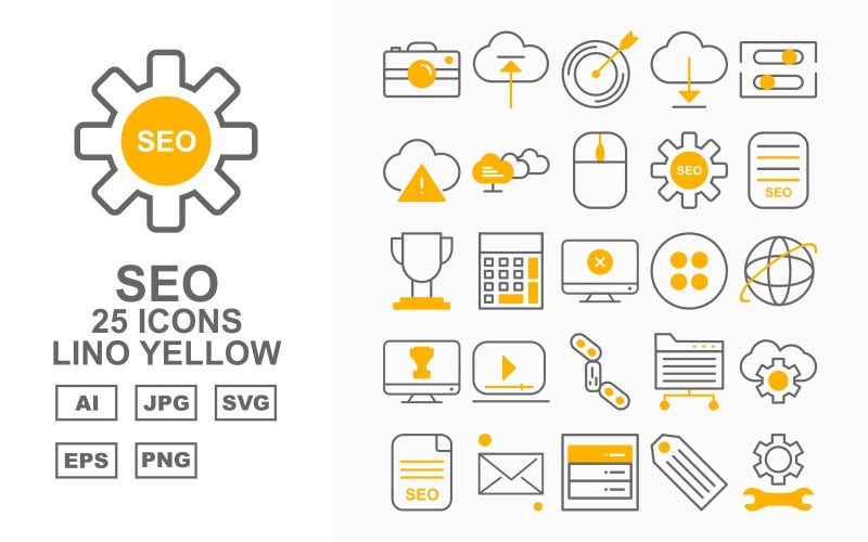 Download Набор иконок "25 Premium SEO Lino Yellow Icon Set" / 25 Premium SEO Lino Yellow Icon Set - Набор иконок на тему business mute,drink,search,setting,mail,server,tag,protect,shield,graph,mobile,browser,trolley,bulb,key,document,goal,menu,thinking,anchor