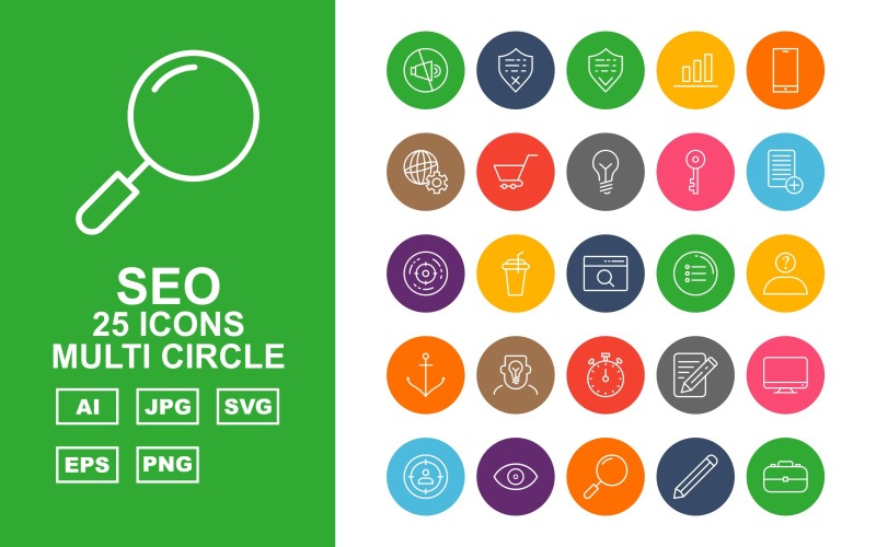 Download Набор иконок "25 Premium SEO Multi Circle Icon Set" / 25 Premium SEO Multi Circle Icon Set - Набор иконок на тему business mute,drink,search,setting,mail,server,tag,protect,shield,graph,mobile,browser,trolley,bulb,key,document,goal,menu,thinking,anchor