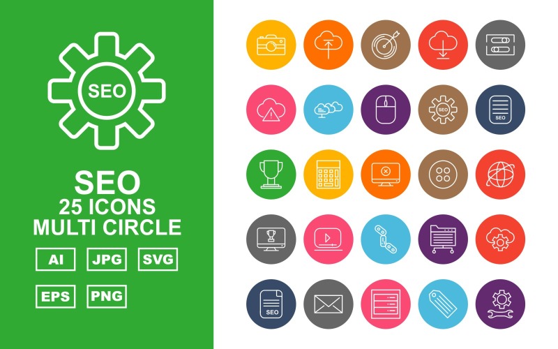 Download Набор иконок "25 Premium SEO Multi Circle Icon Set" / 25 Premium SEO Multi Circle Icon Set - Набор иконок на тему business mute,drink,search,setting,mail,server,tag,protect,shield,graph,mobile,browser,trolley,bulb,key,document,goal,menu,thinking,anchor