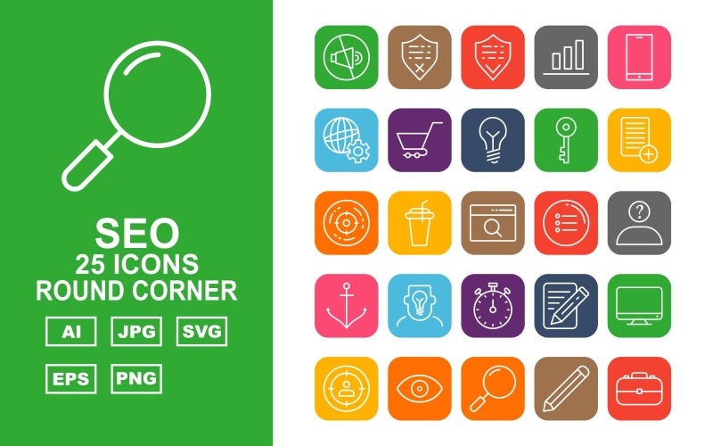Download Набор иконок "25 Premium SEO Round Corner Pack Icon Set" / 25 Premium SEO Round Corner Pack Icon Set - Набор иконок на тему business mute,drink,search,setting,mail,server,tag,protect,shield,graph,mobile,browser,trolley,bulb,key,document,goal,menu,thinking,anchor