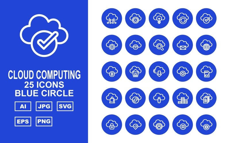 Sada ikon 25 Premium Cloud Computing modrý kruh