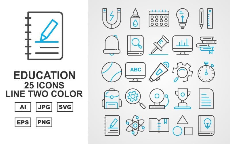 25 Conjunto de iconos de dos colores de la línea de educación premium