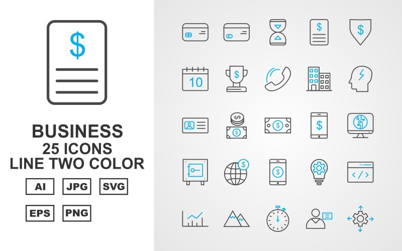 Download Набор иконок "25 Premium Business Line Two Color Icon Set" / 25 Premium Business Line Two Color Icon Set - Набор иконок на тему business coin,mobile,diamond,glass hour,dollar,lcd,locker,world,man,cloud,building,bulb,website,chart,mountain,stopwatch,briefcase,tv,tag,file