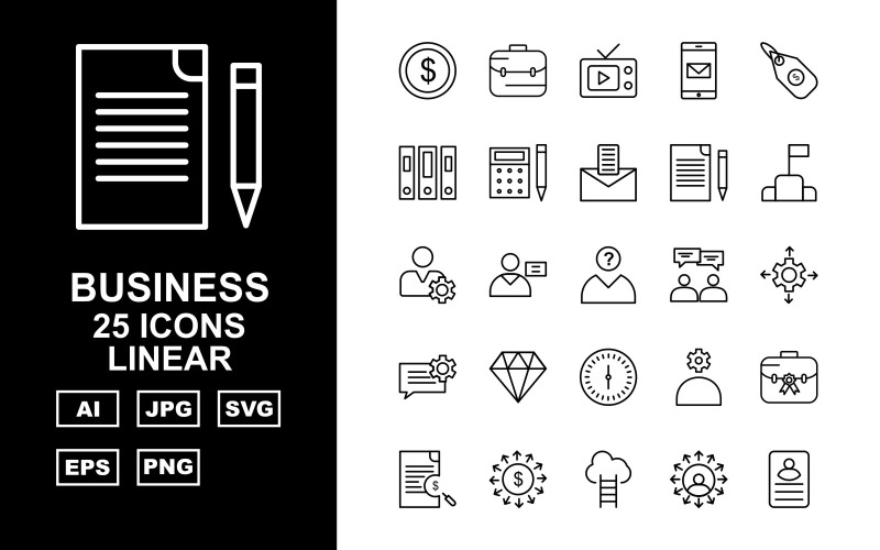 Download Набор иконок "25 Premium Business Linear Icon Set" / 25 Premium Business Linear Icon Set - Набор иконок на тему business coin,mobile,diamond,glass hour,dollar,lcd,locker,world,man,cloud,building,bulb,website,chart,mountain,stopwatch,briefcase,tv,tag,file