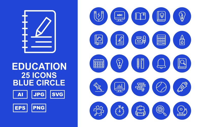 25 Premium Education Blue Circle Ikonuppsättning