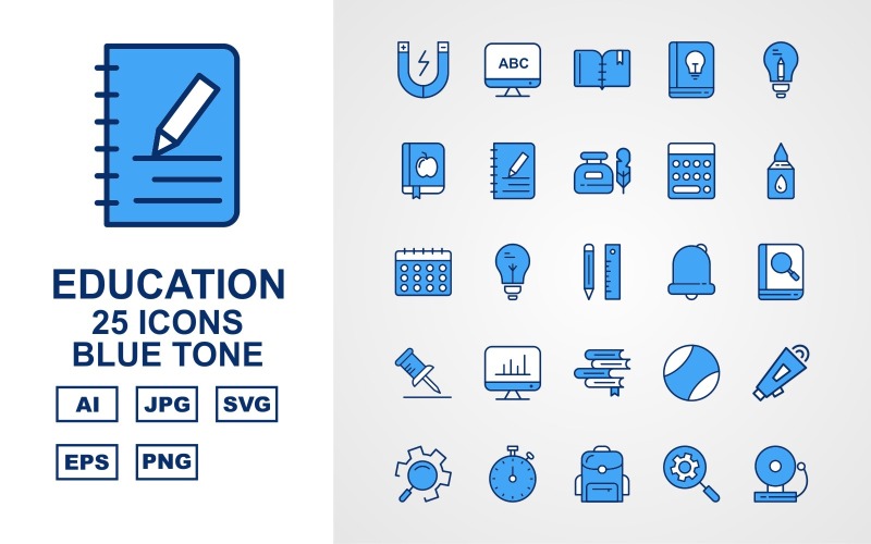 Download Набор иконок "25 Premium Education Blue Tone Icon Set" / 25 Premium Education Blue Tone Icon Set - Набор иконок на тему science magnet,bulb,bag,bell,award,document,atom,geometry,lcd,book,bookmark,building,ink,calculator,glue,calendar,pencil,pin,analytics,books