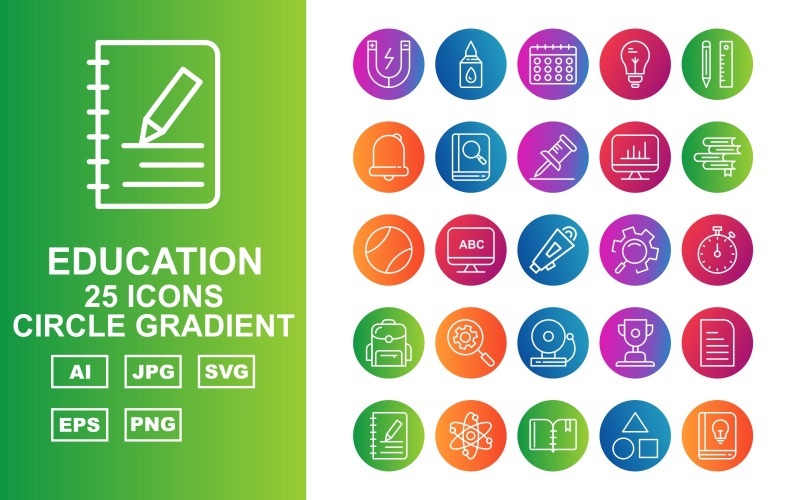 Download Набор иконок "25 Premium Education Circle Gradient Icon Set" / 25 Premium Education Circle Gradient Icon Set - Набор иконок на тему science magnet,bulb,bag,bell,award,document,atom,geometry,lcd,book,bookmark,building,ink,calculator,glue,calendar,pencil,pin,analytics,books
