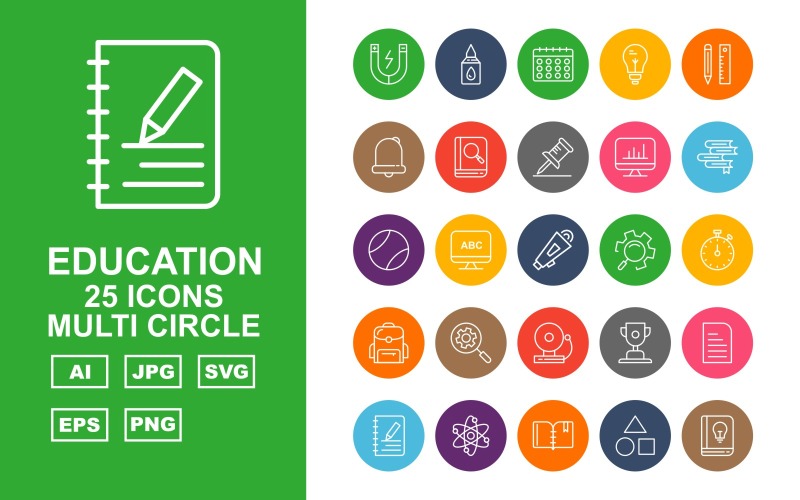 Download Набор иконок "25 Premium Education Multi Circle Icon Set" / 25 Premium Education Multi Circle Icon Set - Набор иконок на тему science magnet,bulb,bag,bell,award,document,atom,geometry,lcd,book,bookmark,building,ink,calculator,glue,calendar,pencil,pin,analytics,books