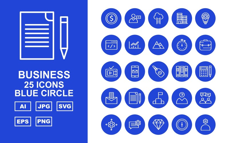 Набор иконок 25 премиум бизнес синий круг