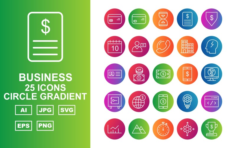 Download Набор иконок "25 Premium Business Circle Gradient Icon Set" / 25 Premium Business Circle Gradient Icon Set - Набор иконок на тему business coin,mobile,diamond,glass hour,dollar,lcd,locker,world,man,cloud,building,bulb,website,chart,mountain,stopwatch,briefcase,tv,tag,file