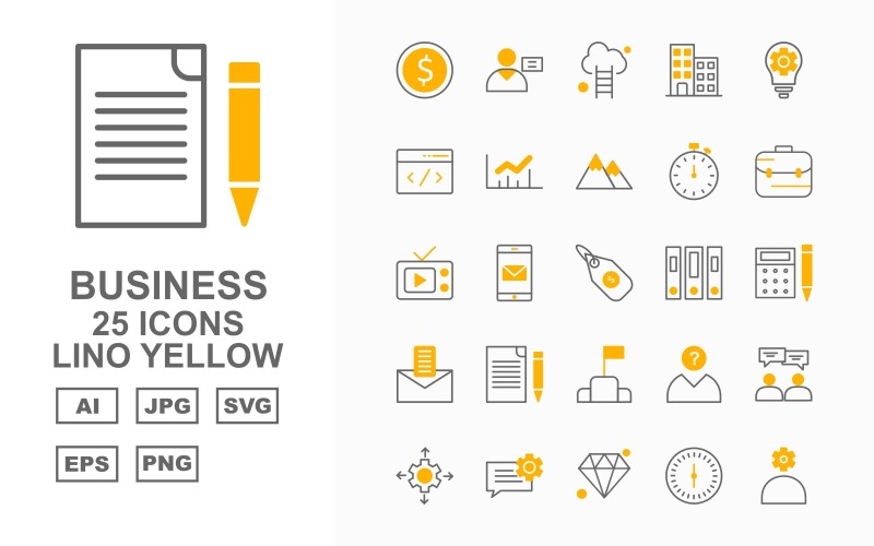 Download Набор иконок "25 Premium Business Lino Yellow Icon Set" / 25 Premium Business Lino Yellow Icon Set - Набор иконок на тему business coin,mobile,diamond,glass hour,dollar,lcd,locker,world,man,cloud,building,bulb,website,chart,mountain,stopwatch,briefcase,tv,tag,file