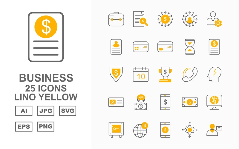Download Набор иконок "25 Premium Business Lino Yellow Icon Set" / 25 Premium Business Lino Yellow Icon Set - Набор иконок на тему business coin,mobile,diamond,glass hour,dollar,lcd,locker,world,man,cloud,building,bulb,website,chart,mountain,stopwatch,briefcase,tv,tag,file