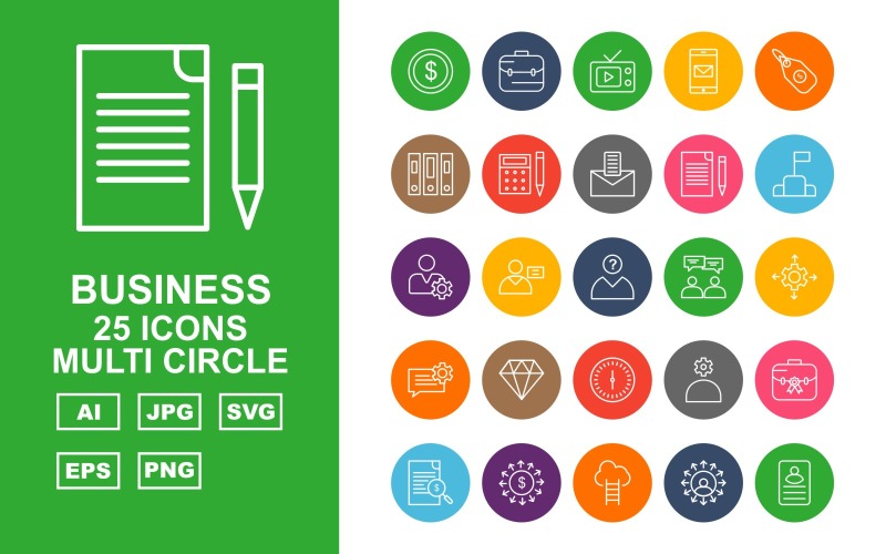Download Набор иконок "25 Premium Business Multi Circle Icon Set" / 25 Premium Business Multi Circle Icon Set - Набор иконок на тему business coin,mobile,diamond,glass hour,dollar,lcd,locker,world,man,cloud,building,bulb,website,chart,mountain,stopwatch,briefcase,tv,tag,file