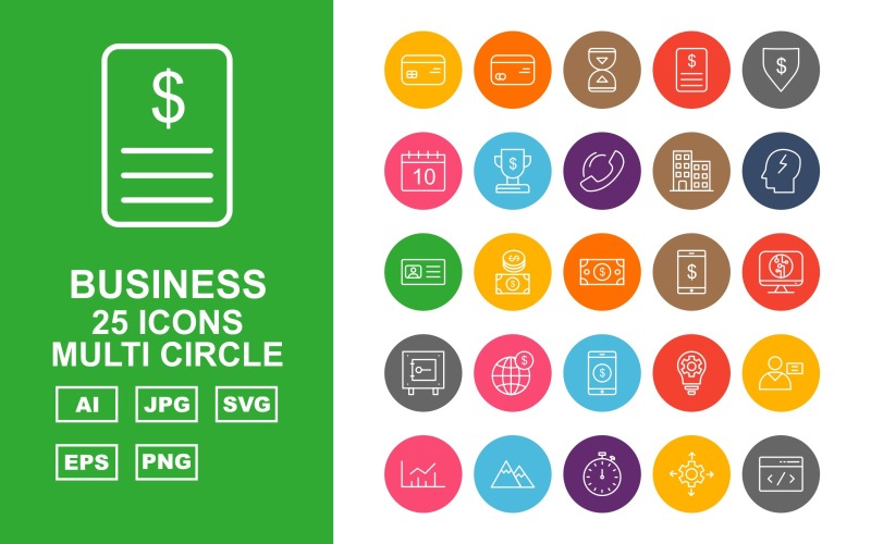 Download Набор иконок "25 Premium Business Multi Circle Icon Set" / 25 Premium Business Multi Circle Icon Set - Набор иконок на тему business coin,mobile,diamond,glass hour,dollar,lcd,locker,world,man,cloud,building,bulb,website,chart,mountain,stopwatch,briefcase,tv,tag,file