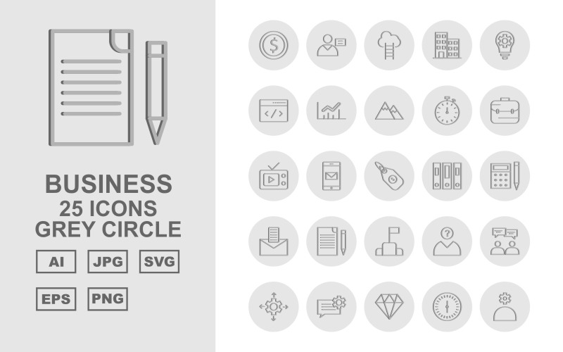 25 Premium İş Gri Daire Icon Set