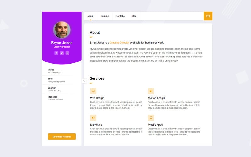 Bryan - CV / CV / Portfolio / Personligt WordPress-tema