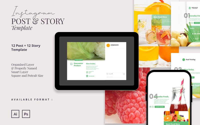Download Шаблон для соцсетей "Fresh Food  Beverage Instagram Post and Story Template for Social Media" / Fresh Food  Beverage Instagram Post and Story Template for Social Media - Шаблон для соцсетей на тему графика fresh food instagram,food post,food story,instagram template,beverage post,beverage story,vegetables,organic product,juice,fresh drink,bright theme instagram,template,post template,story temp