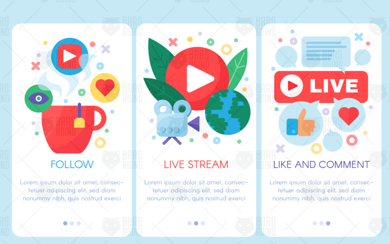 Download Иллюстрация "Live Stream Mobile Banners Set - Illustration" / Live Stream Mobile Banners Set - Illustration - Иллюстрация на тему графика live,multimedia,global,news,income,online,streaming,stream,broadcast,irl,social,producing,business,remote,work,technology,follow,like,comment,internet