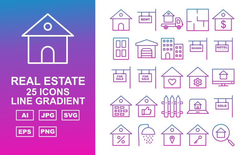 25 Conjunto de ícones de gradiente de linha imobiliária Premium