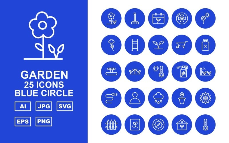 25 Conjunto de iconos de círculo azul de jardín premium