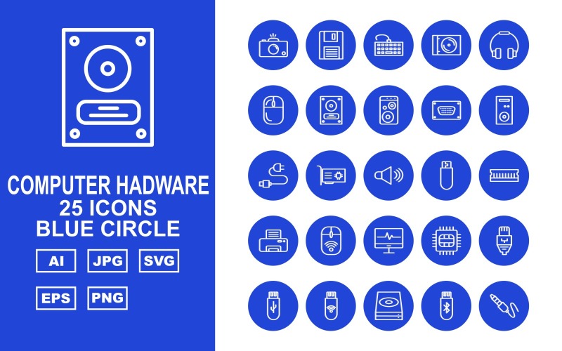 Download Набор иконок "25 Premium Computer Hardware Blue Circle Icon Set" / 25 Premium Computer Hardware Blue Circle Icon Set - Набор иконок на тему computer hardware,cam,printer,lcd,chip,ethernet,usb,disk,jeck,data cable,earphone,computer,motherboard,floppy,keyboard,mouse,harddisk,speaker,vga,pc