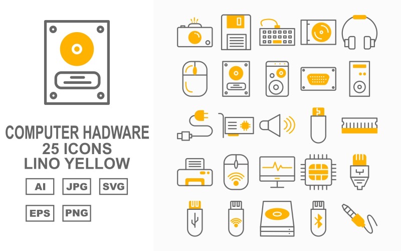 Download Набор иконок "25 Premium Computer Hardware Lino Yellow Icon Set" / 25 Premium Computer Hardware Lino Yellow Icon Set - Набор иконок на тему computer hardware,cam,printer,lcd,chip,ethernet,usb,disk,jeck,data cable,earphone,computer,motherboard,floppy,keyboard,mouse,harddisk,speaker,vga,pc