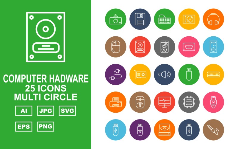 Download Набор иконок "25 Premium Computer Hardware Multi Circle Icon Set" / 25 Premium Computer Hardware Multi Circle Icon Set - Набор иконок на тему computer hardware,cam,printer,lcd,chip,ethernet,usb,disk,jeck,data cable,earphone,computer,motherboard,floppy,keyboard,mouse,harddisk,speaker,vga,pc